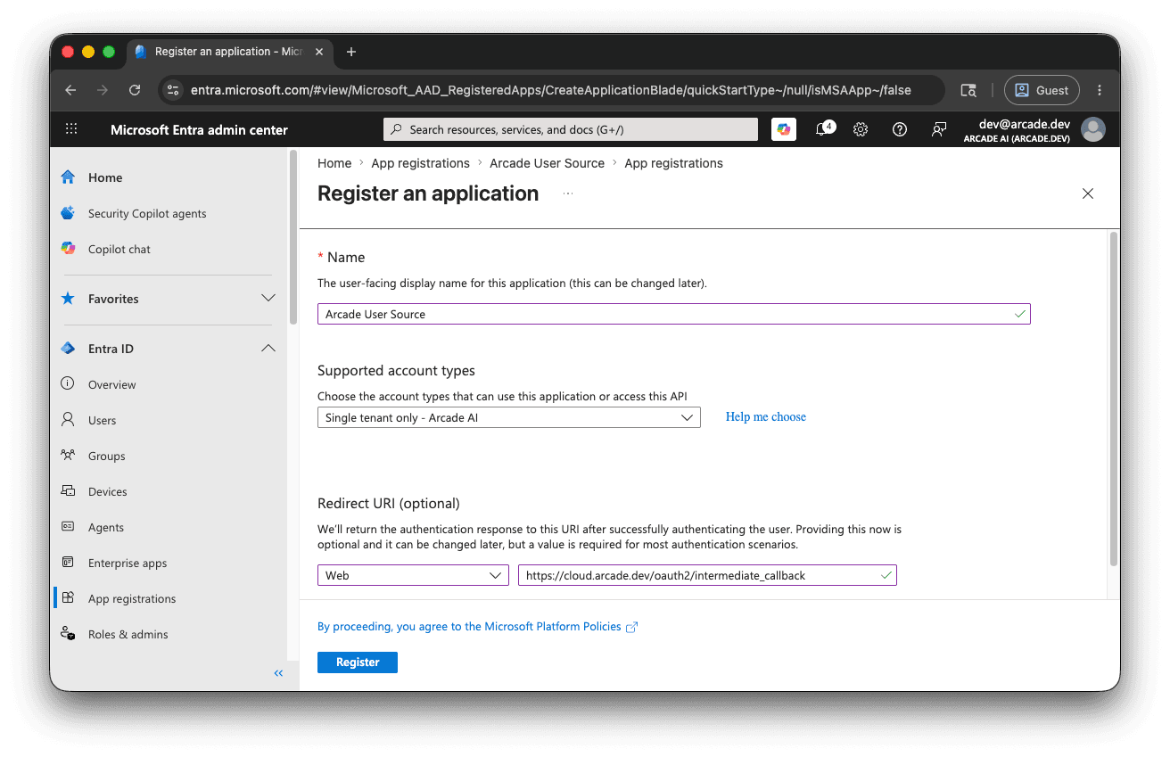 Register an application form with Name, Supported account types, and Redirect URI filled in